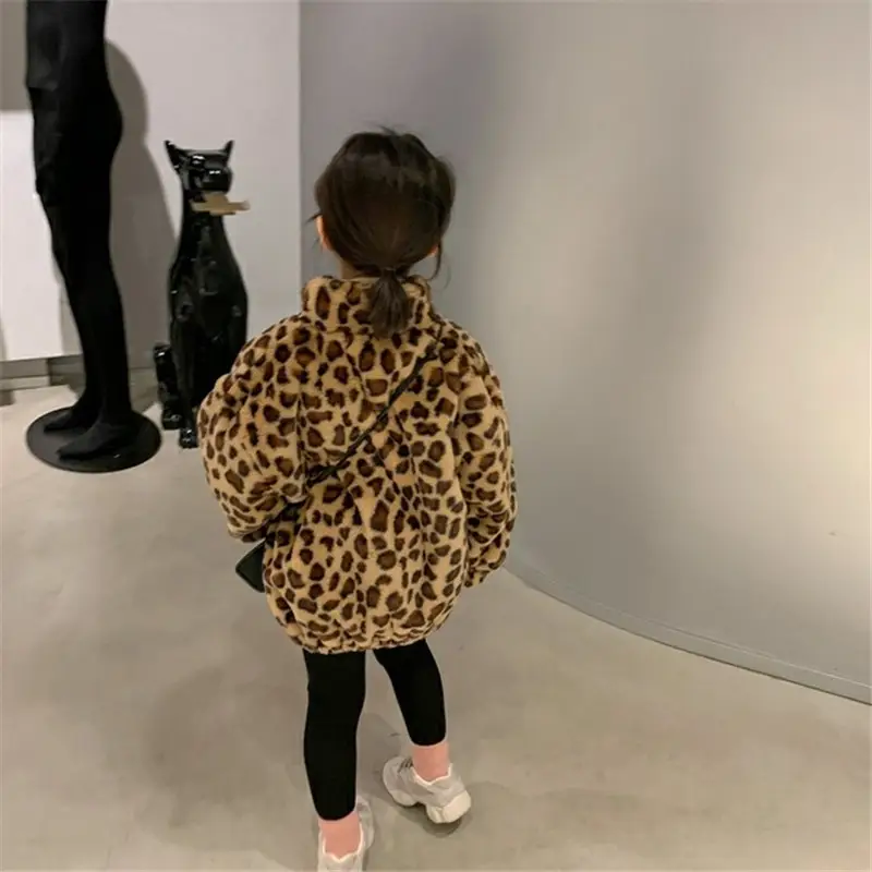 Girls Leopard Print Winter Coat Korean Style Thick Warm Woolen - Image 4