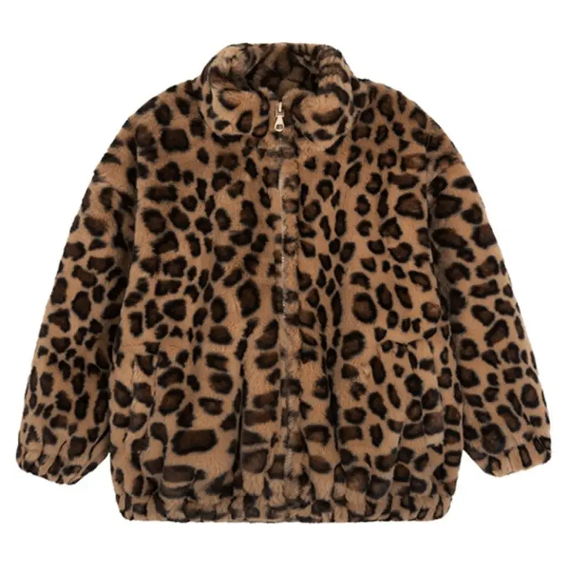 Girls Leopard Print Winter Coat Korean Style Thick Warm Woolen - Image 5