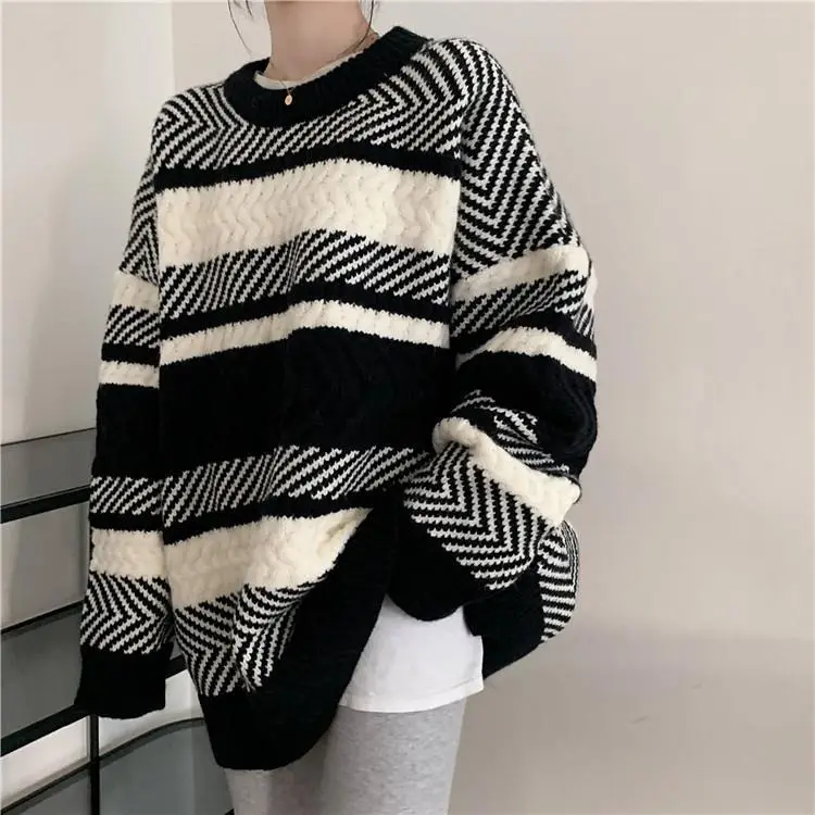 Women Striped Korean Sweater Lazy Outerwear - Image 3