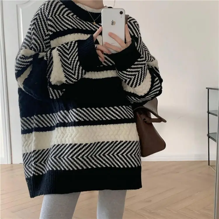 Women Striped Korean Sweater Lazy Outerwear - Image 4