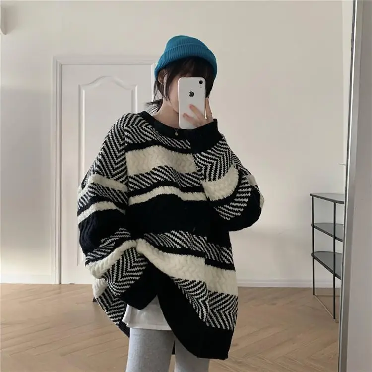Women Striped Korean Sweater Lazy Outerwear — feature 1