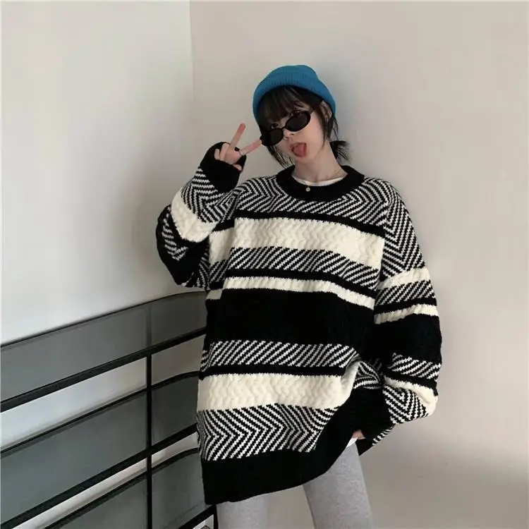 Women Striped Korean Sweater Lazy Outerwear — feature 10