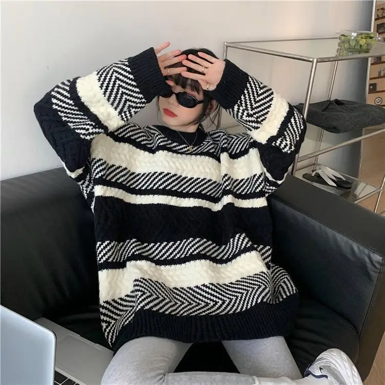 Women Striped Korean Sweater Lazy Outerwear — feature 14
