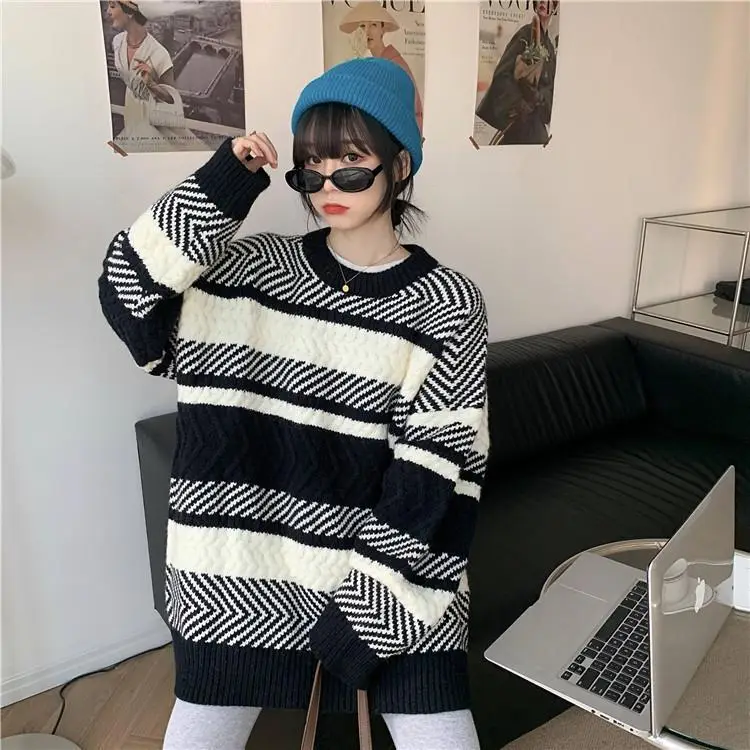 Women Striped Korean Sweater Lazy Outerwear — feature 7