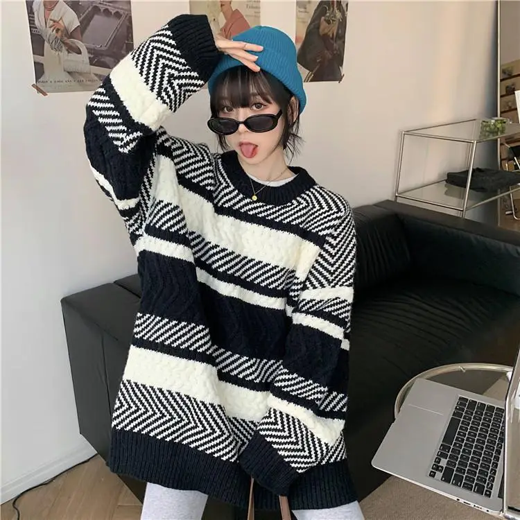 Women Striped Korean Sweater Lazy Outerwear — feature 8