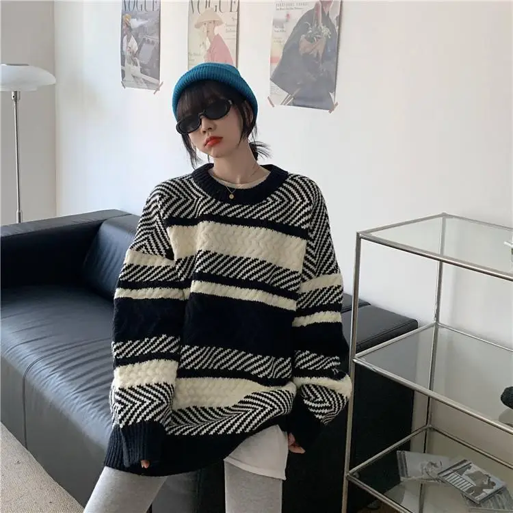 Women Striped Korean Sweater Lazy Outerwear — feature 9