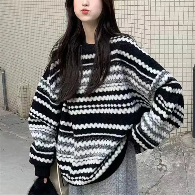 Women Black White Striped Knitted Sweater Long Sleeve - Image 3