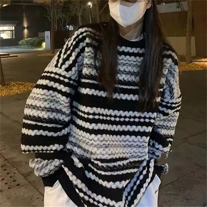 Women Black White Striped Knitted Sweater Long Sleeve - Image 5