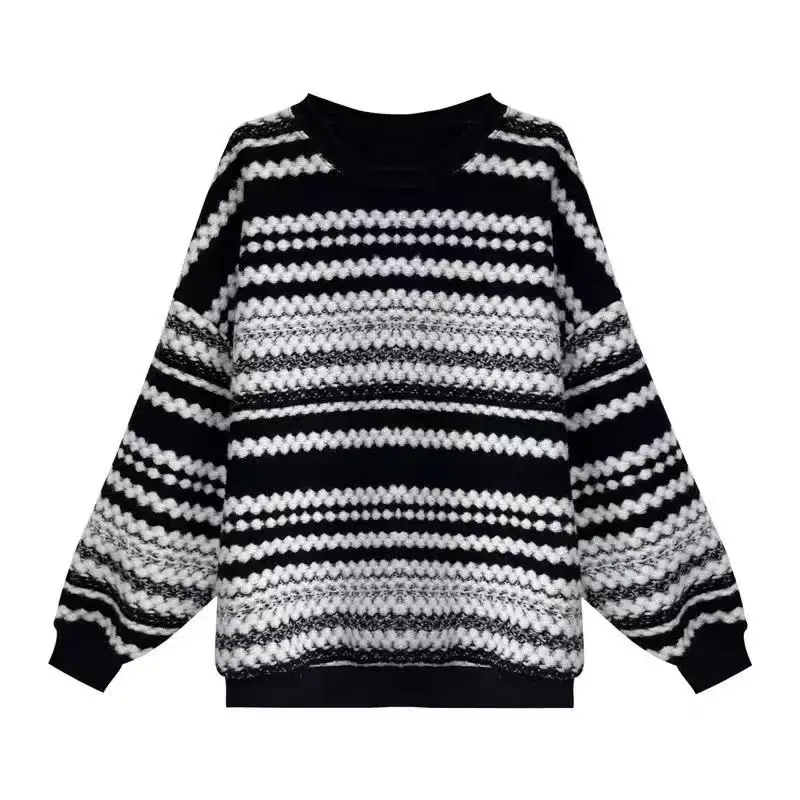 Women Black White Striped Knitted Sweater Long Sleeve - Image 6