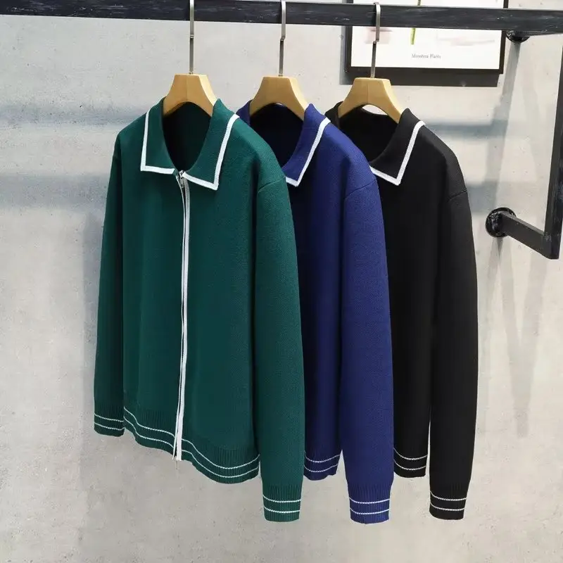 Men Green Zipper Cardigan Sweater Set with Jeans - Image 5