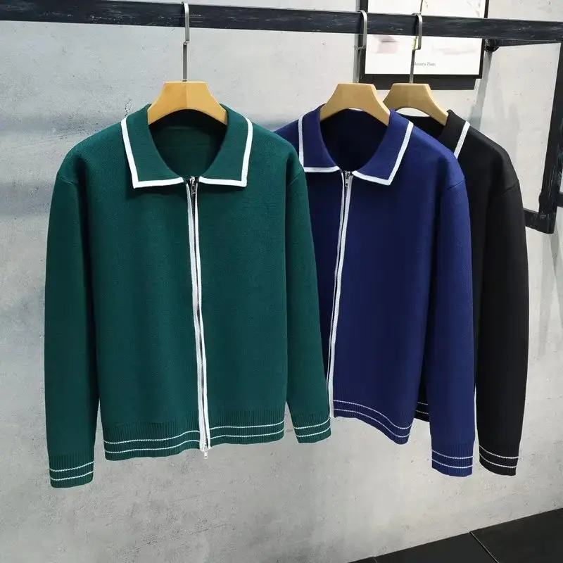 Men Green Zipper Cardigan Sweater Set with Jeans - Image 6
