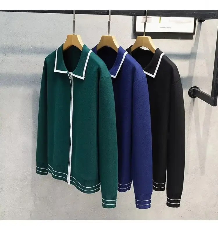 Men Green Zipper Cardigan Sweater Set with Jeans — feature 10