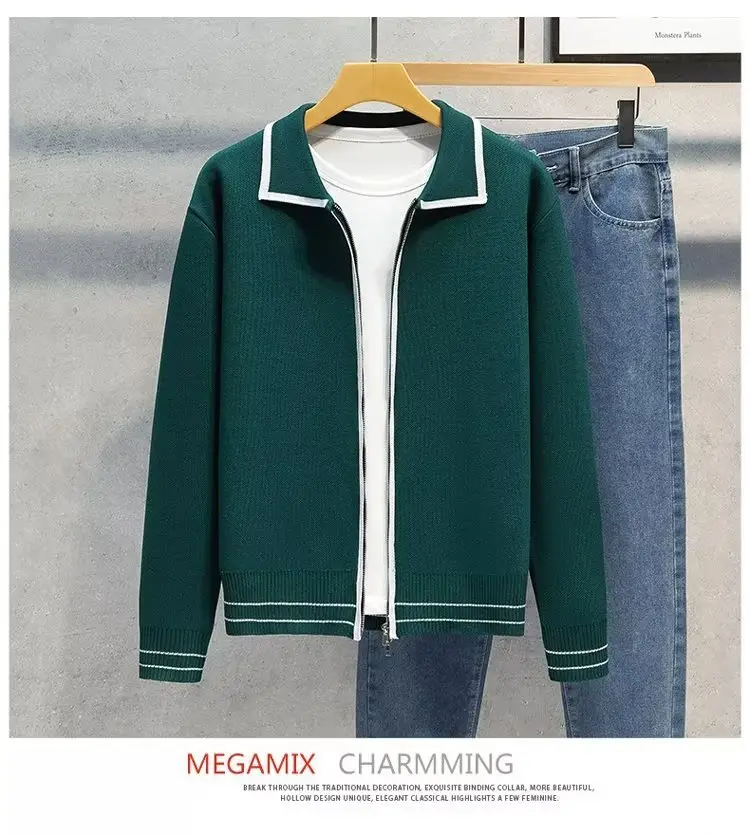 Men Green Zipper Cardigan Sweater Set with Jeans — feature 13