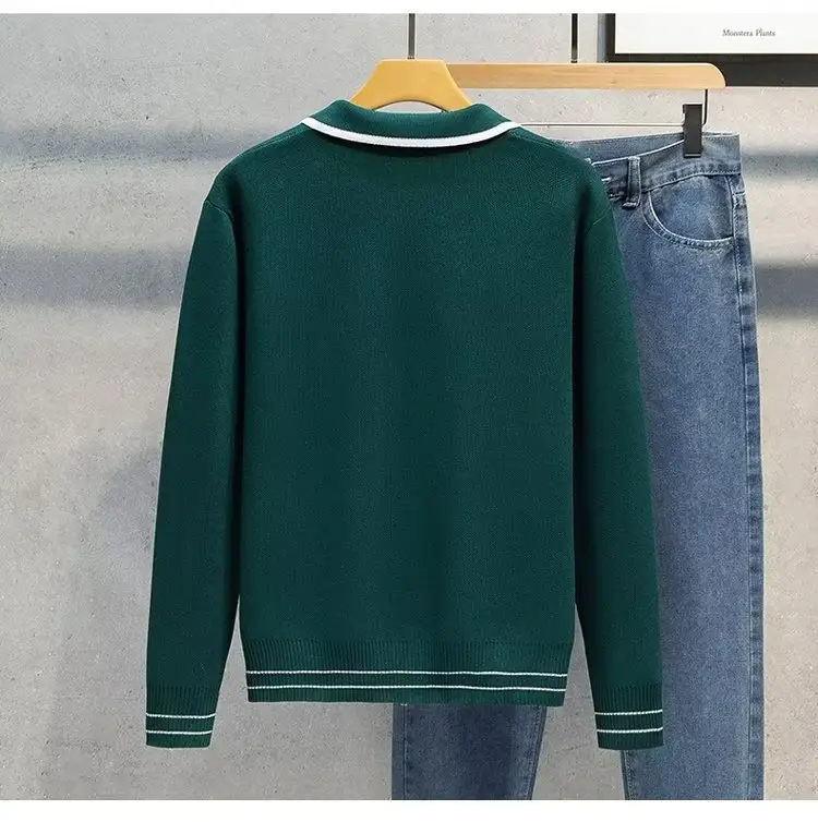 Men Green Zipper Cardigan Sweater Set with Jeans — feature 14