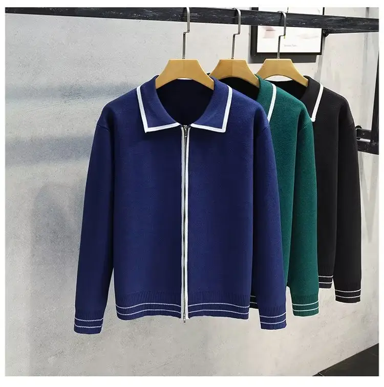 Men Green Zipper Cardigan Sweater Set with Jeans — feature 7