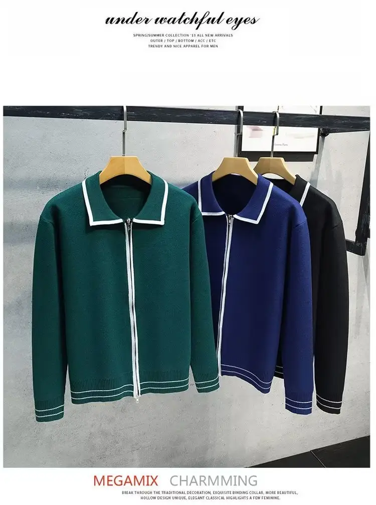 Men Green Zipper Cardigan Sweater Set with Jeans — feature 9