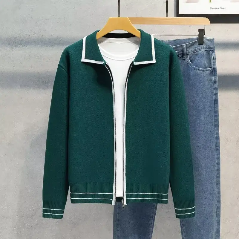 Men Green Zipper Cardigan Sweater Set with Jeans - Image 3