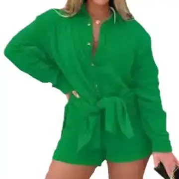 2025 Blue Wrinkle Long Sleeve Shirt Set High Waist Shorts