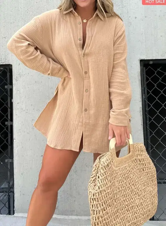 2025 Blue Wrinkle Long Sleeve Shirt Set High Waist Shorts