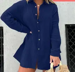 2025 Blue Wrinkle Long Sleeve Shirt Set High Waist Shorts