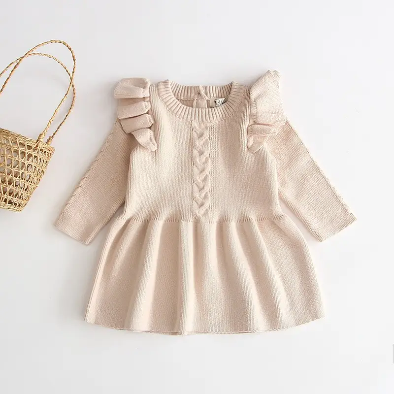 Red Flying Sleeve Knitted Cotton Dress for Girls - Image 6