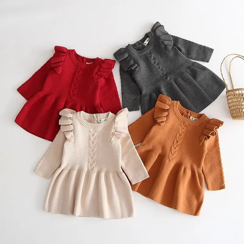 Red Flying Sleeve Knitted Cotton Dress for Girls - Image 7
