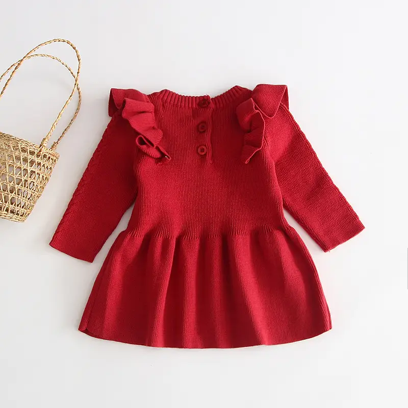 Red Flying Sleeve Knitted Cotton Dress for Girls — feature 4
