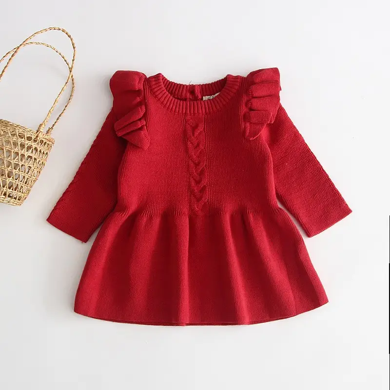 Red Flying Sleeve Knitted Cotton Dress for Girls - Image 2
