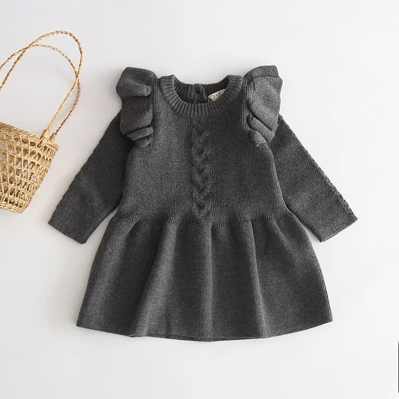 Red Flying Sleeve Knitted Cotton Dress for Girls - Image 4