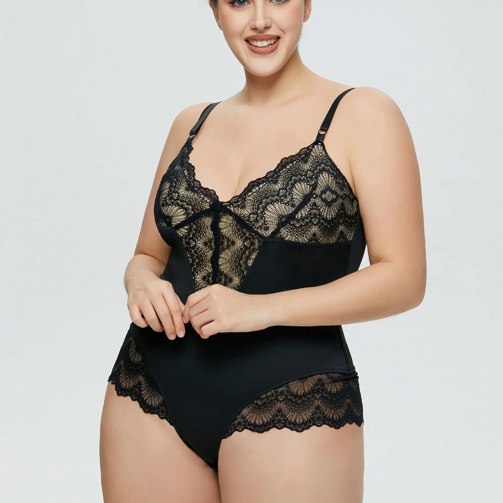 Black Lace Camisole Nightgown with High Waist & Hollow Design — feature 8