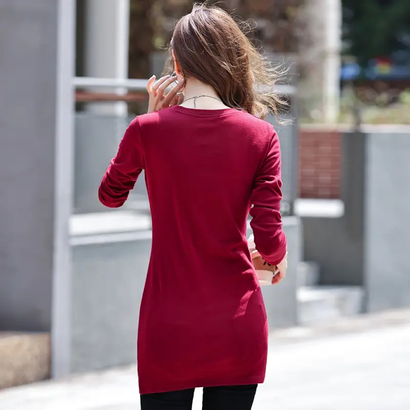 Fleece Lined Women's Long Sleeve T-Shirt Gray Red - Image 14