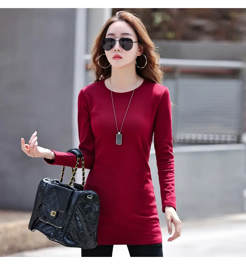 Fleece Lined Women's Long Sleeve T-Shirt Gray Red — feature 11