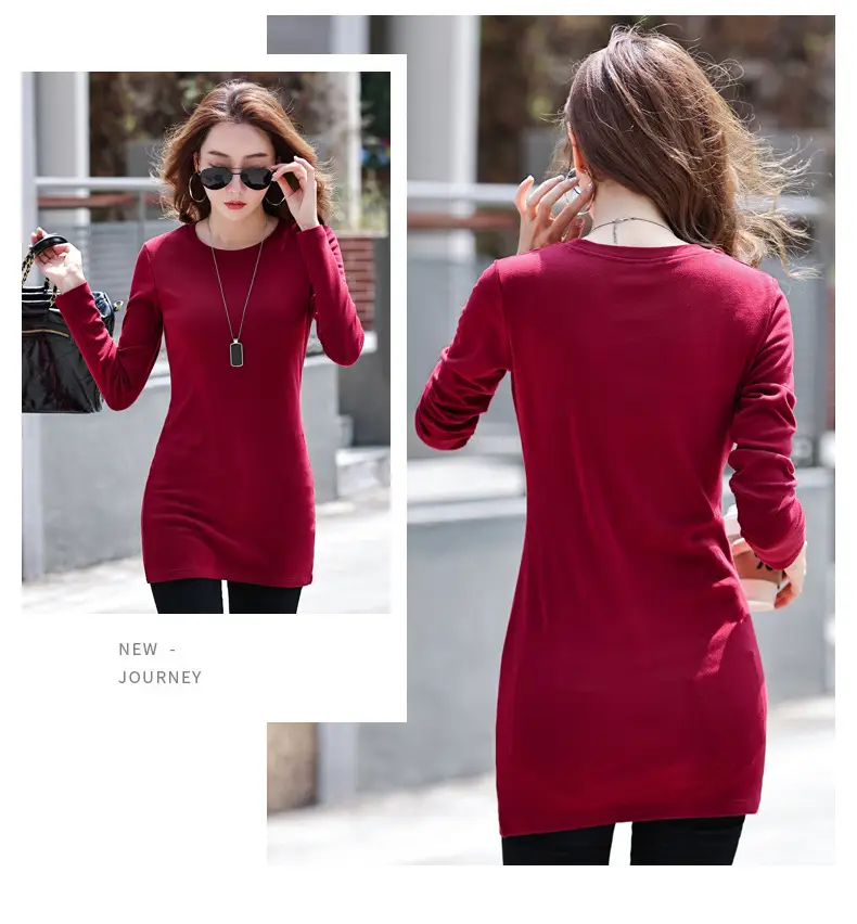 Fleece Lined Women's Long Sleeve T-Shirt Gray Red — feature 12
