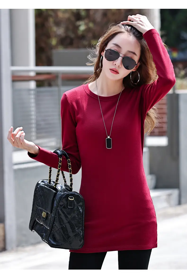 Fleece Lined Women's Long Sleeve T-Shirt Gray Red — feature 13