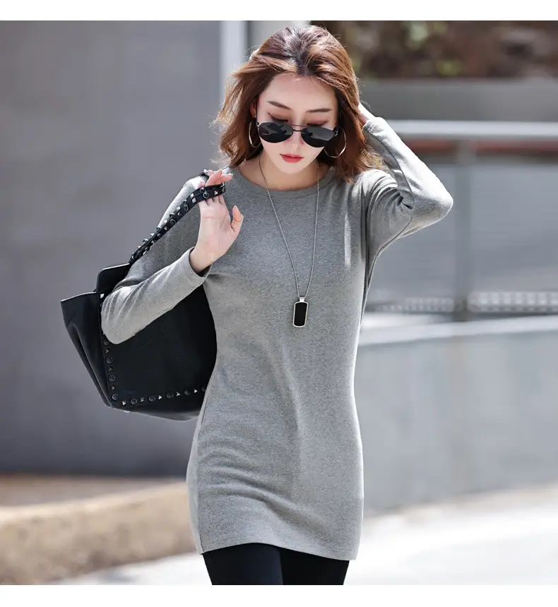Fleece Lined Women's Long Sleeve T-Shirt Gray Red — feature 19