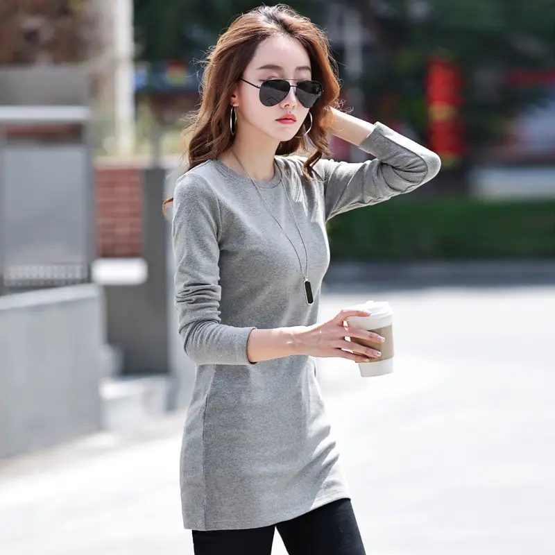Fleece Lined Women's Long Sleeve T-Shirt Gray Red - Image 2