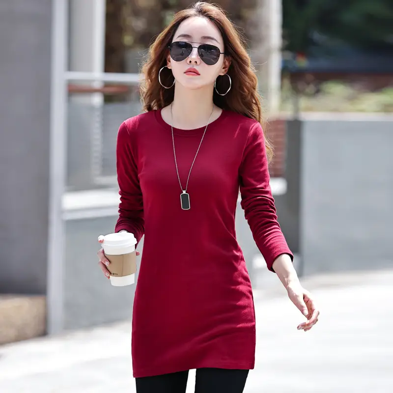 Fleece Lined Women's Long Sleeve T-Shirt Gray Red - Image 3