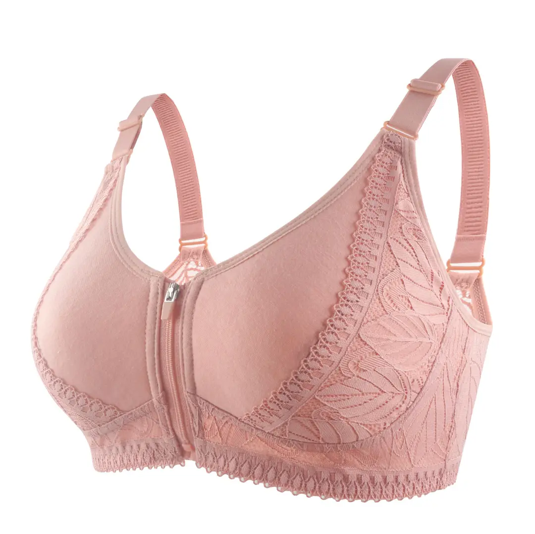 New Soft Cotton Cup Front Zipper Middle-Aged and Elderly Women's Underwear Without Rims Adjustable Shoulder Straps Large Size Bra