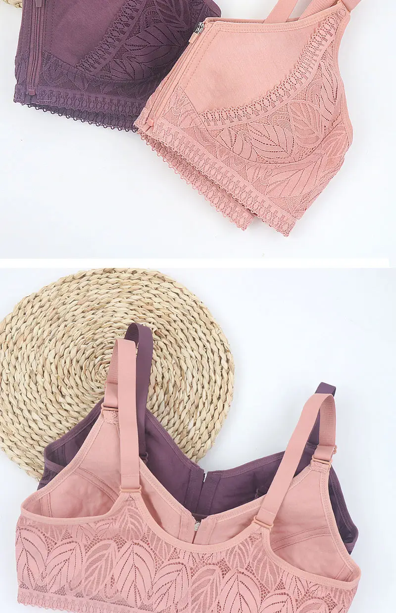 New Soft Cotton Cup Front Zipper Middle-Aged and Elderly Women's Underwear Without Rims Adjustable Shoulder Straps Large Size Bra — feature 18