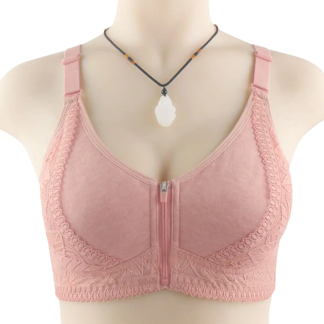 New Soft Cotton Cup Front Zipper Middle-Aged and Elderly Women's Underwear Without Rims Adjustable Shoulder Straps Large Size Bra