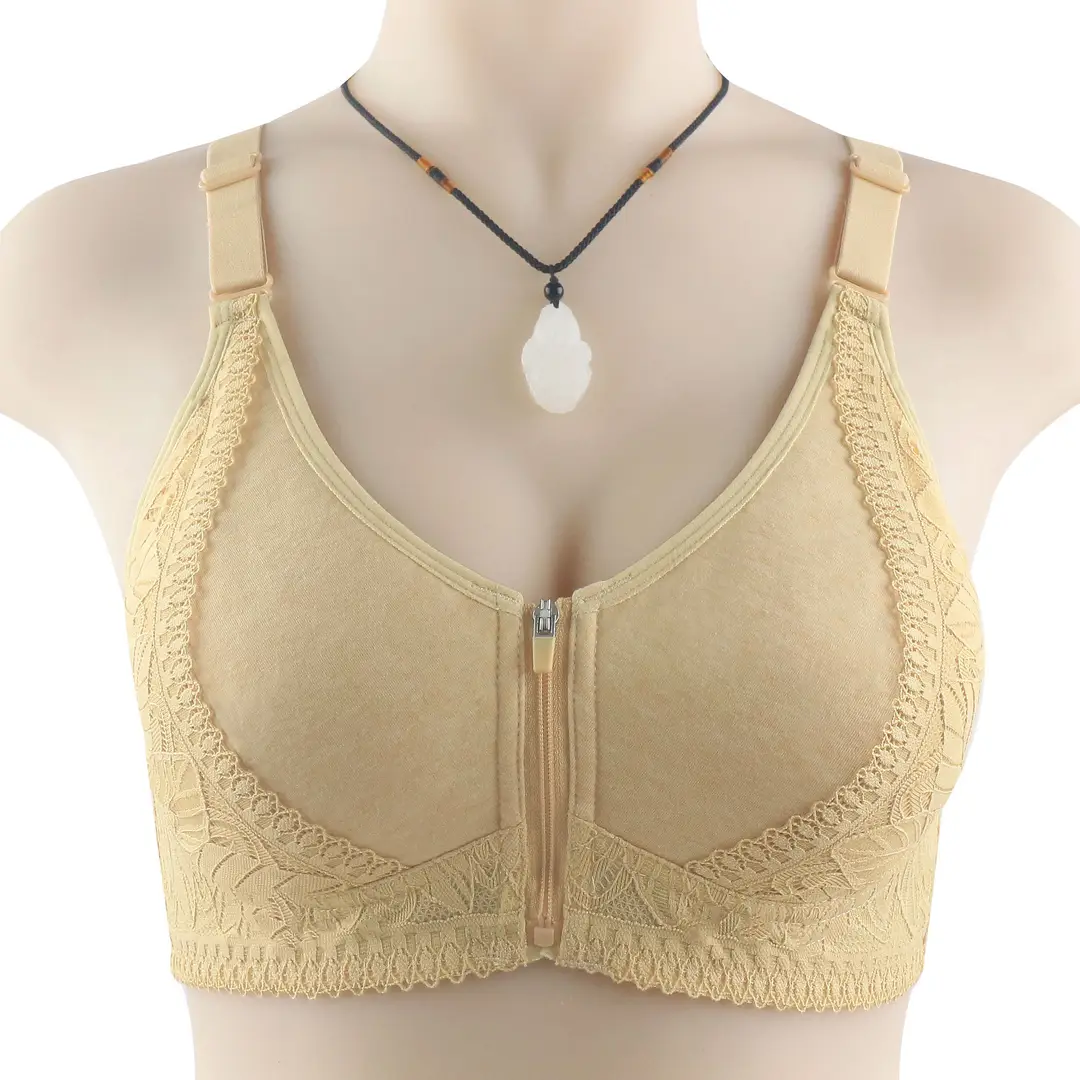 New Soft Cotton Cup Front Zipper Middle-Aged and Elderly Women's Underwear Without Rims Adjustable Shoulder Straps Large Size Bra