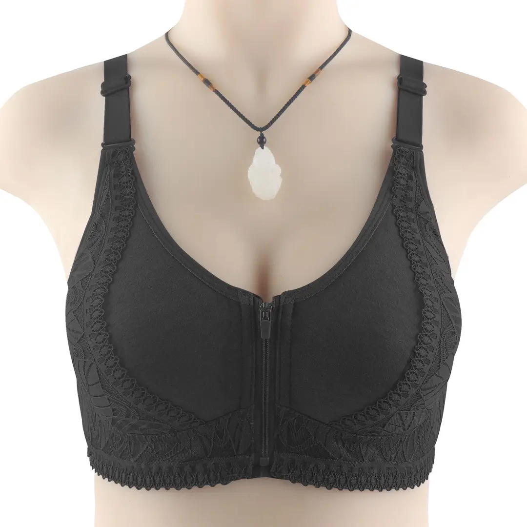 New Soft Cotton Cup Front Zipper Middle-Aged and Elderly Women's Underwear Without Rims Adjustable Shoulder Straps Large Size Bra
