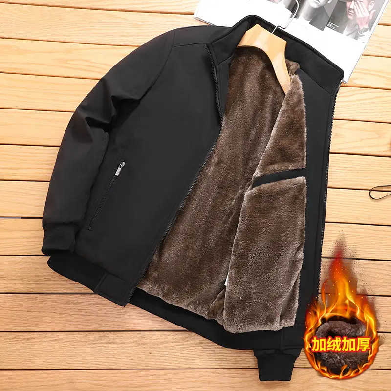 Men Fleece Lined Black Winter Jacket Warm Coat - Image 3