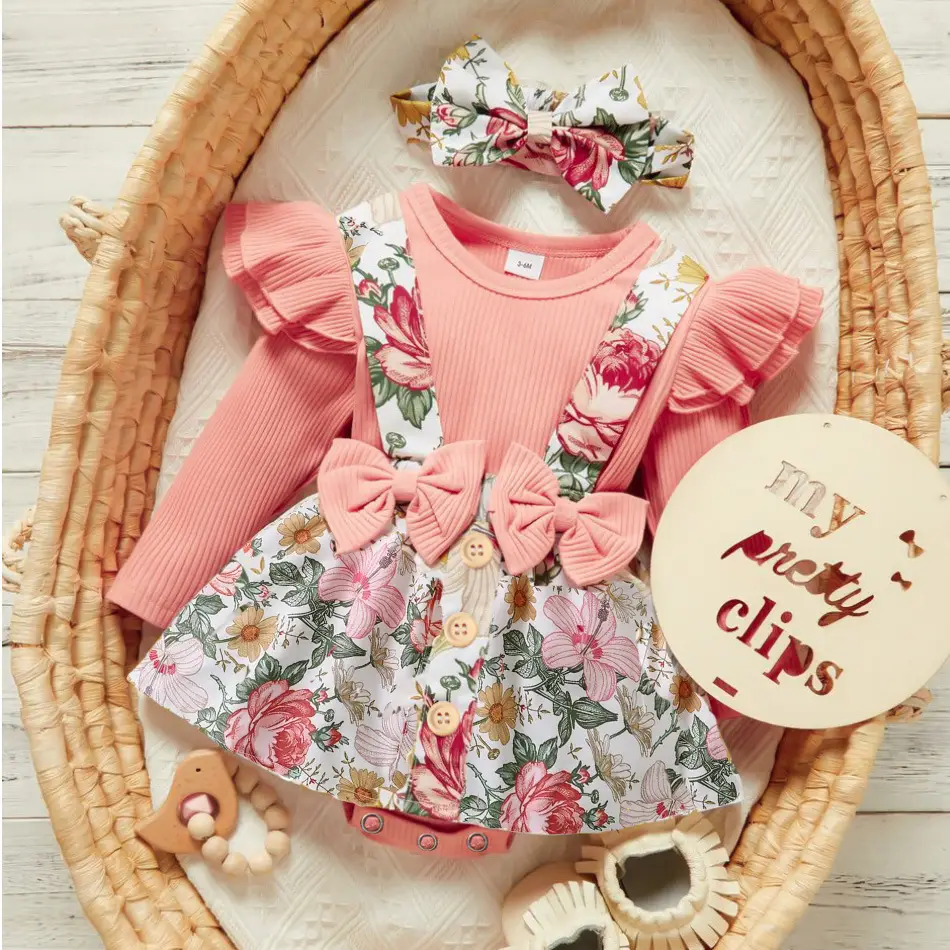 Pink Baby Dress Set with Bow Strap & Floral Pants - Image 10