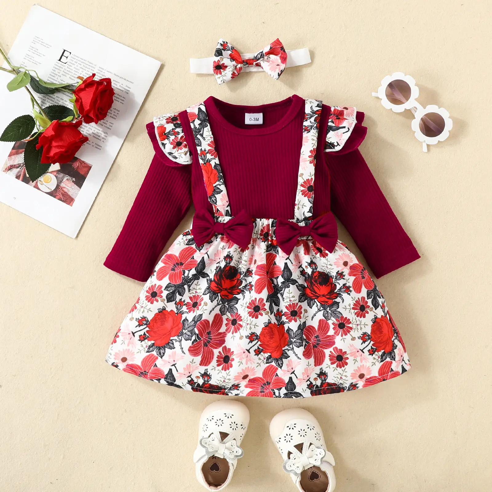 Pink Baby Dress Set with Bow Strap & Floral Pants - Image 11