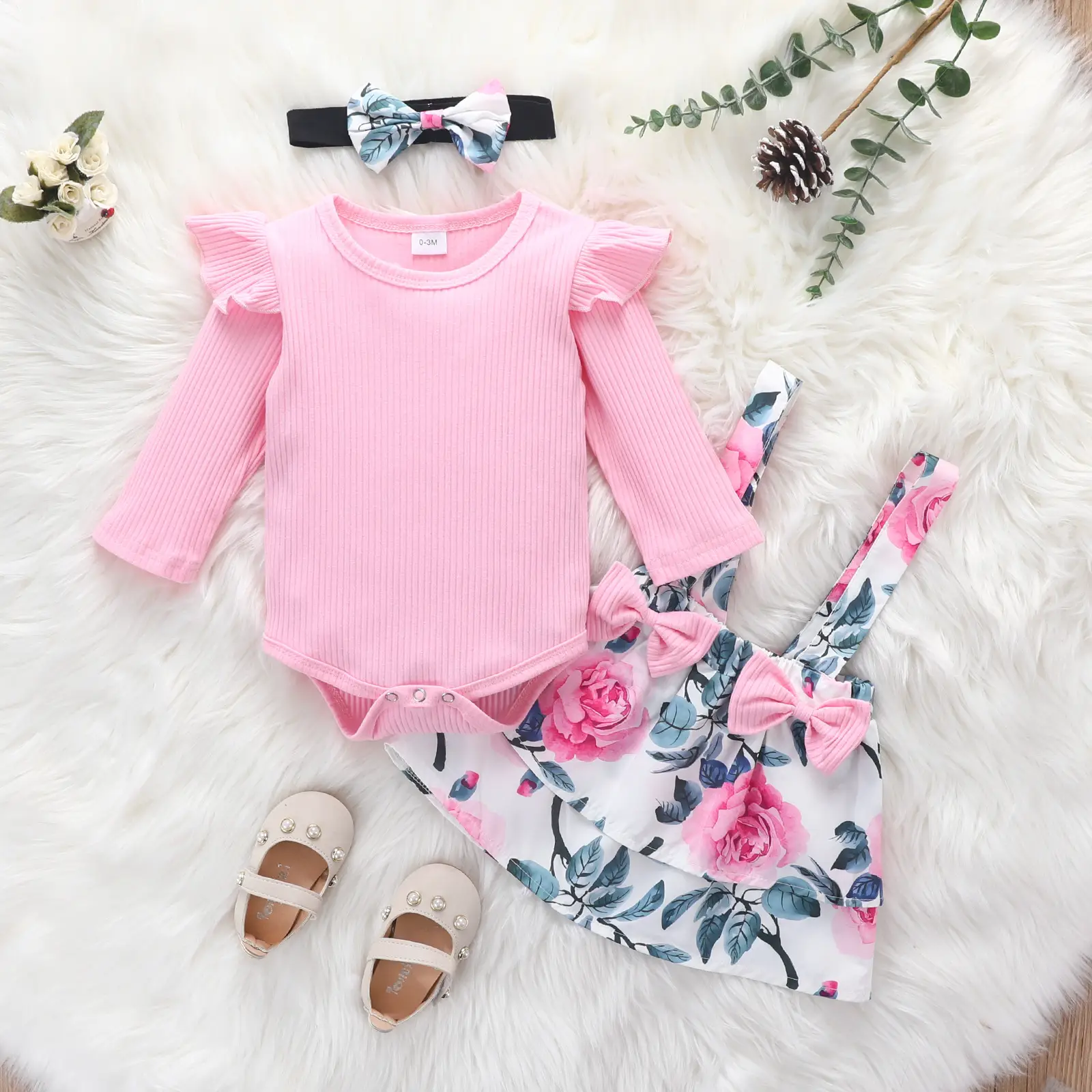 Pink Baby Dress Set with Bow Strap & Floral Pants - Image 12