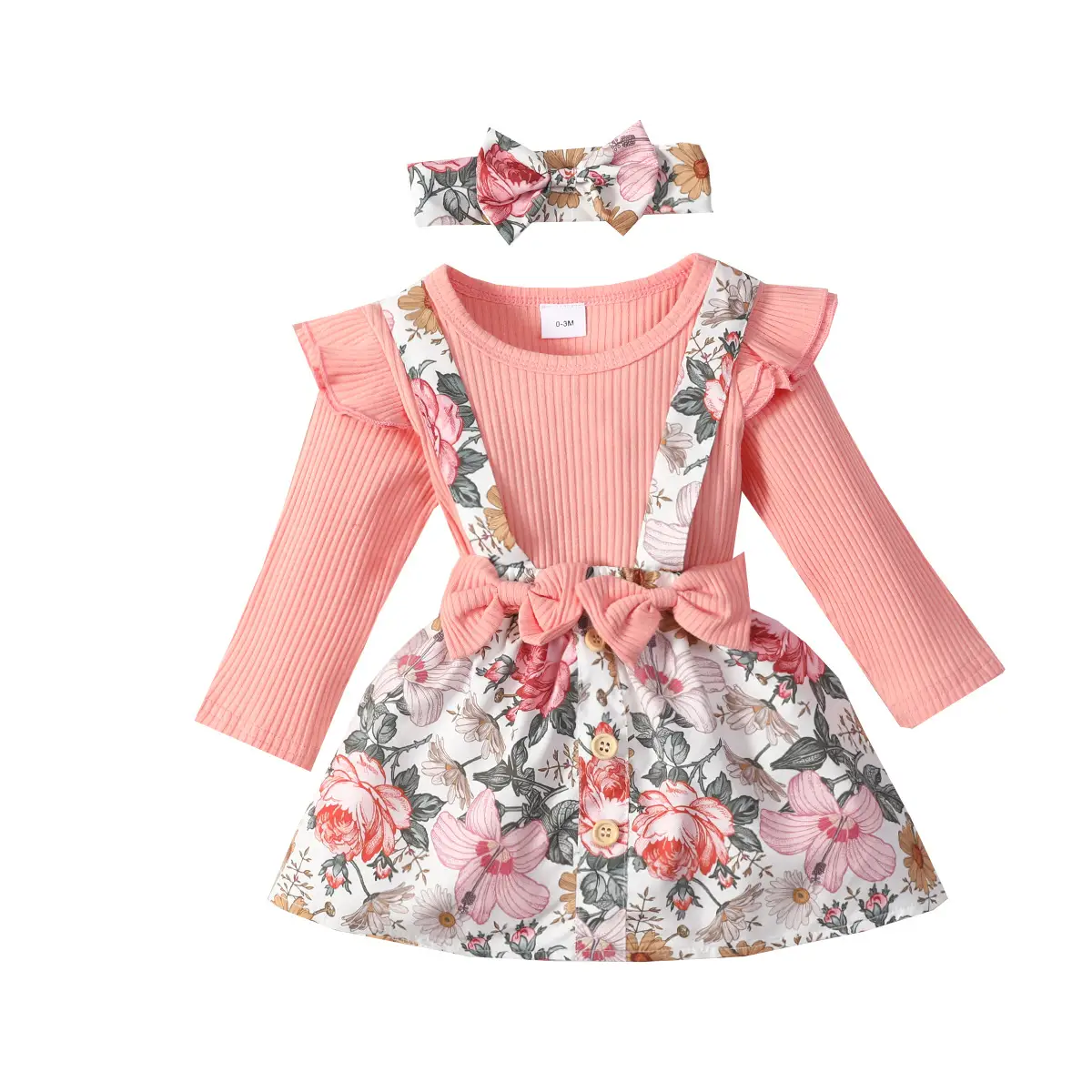 Pink Baby Dress Set with Bow Strap & Floral Pants - Image 14