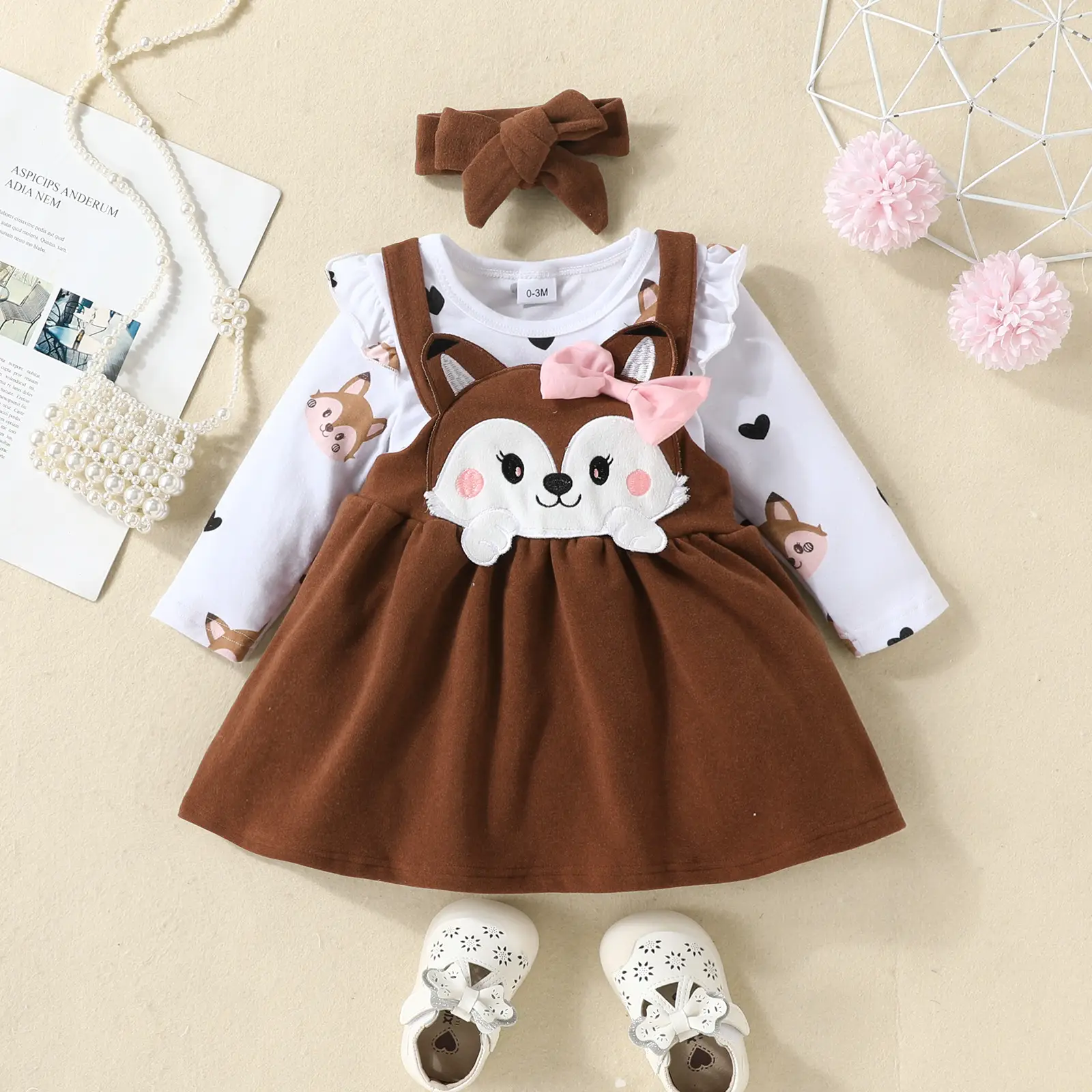 Girls Fox Print Skirt Set Brown Long Sleeve - Image 8