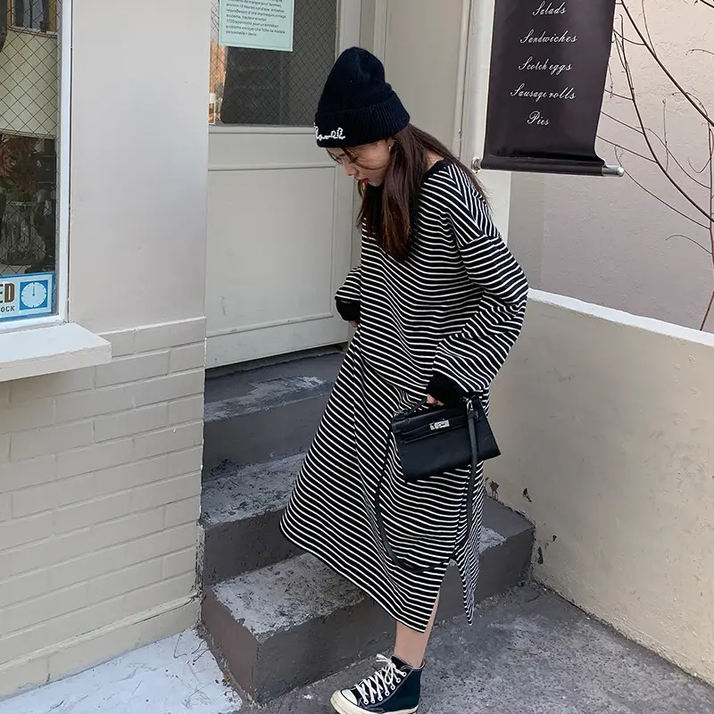 Women Korean Style Striped Long Skirt Sweatshirt Set - Image 5