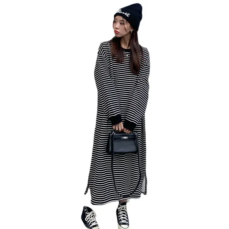 Women Korean Style Striped Long Skirt Sweatshirt Set - Image 7